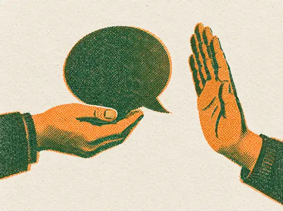 Risograph print of one hand offering a speech bubble and another hand raised in a calm no-thank-you