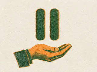 Risograph print of a relaxed open hand beneath a large green pause symbol