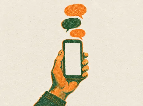 Risograph print of a hand holding a phone with speech bubbles rising from it