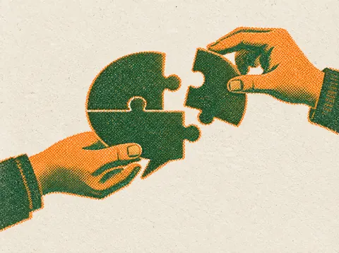Risograph print of two hands fitting puzzle pieces together into a speech bubble