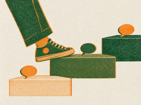 Risograph print of a sneaker stepping up three steps, each with a small speech bubble